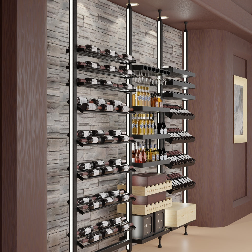 Luxurious Floor-to-Ceiling Wine Rack with LED Lighting and Cigar Storage Option