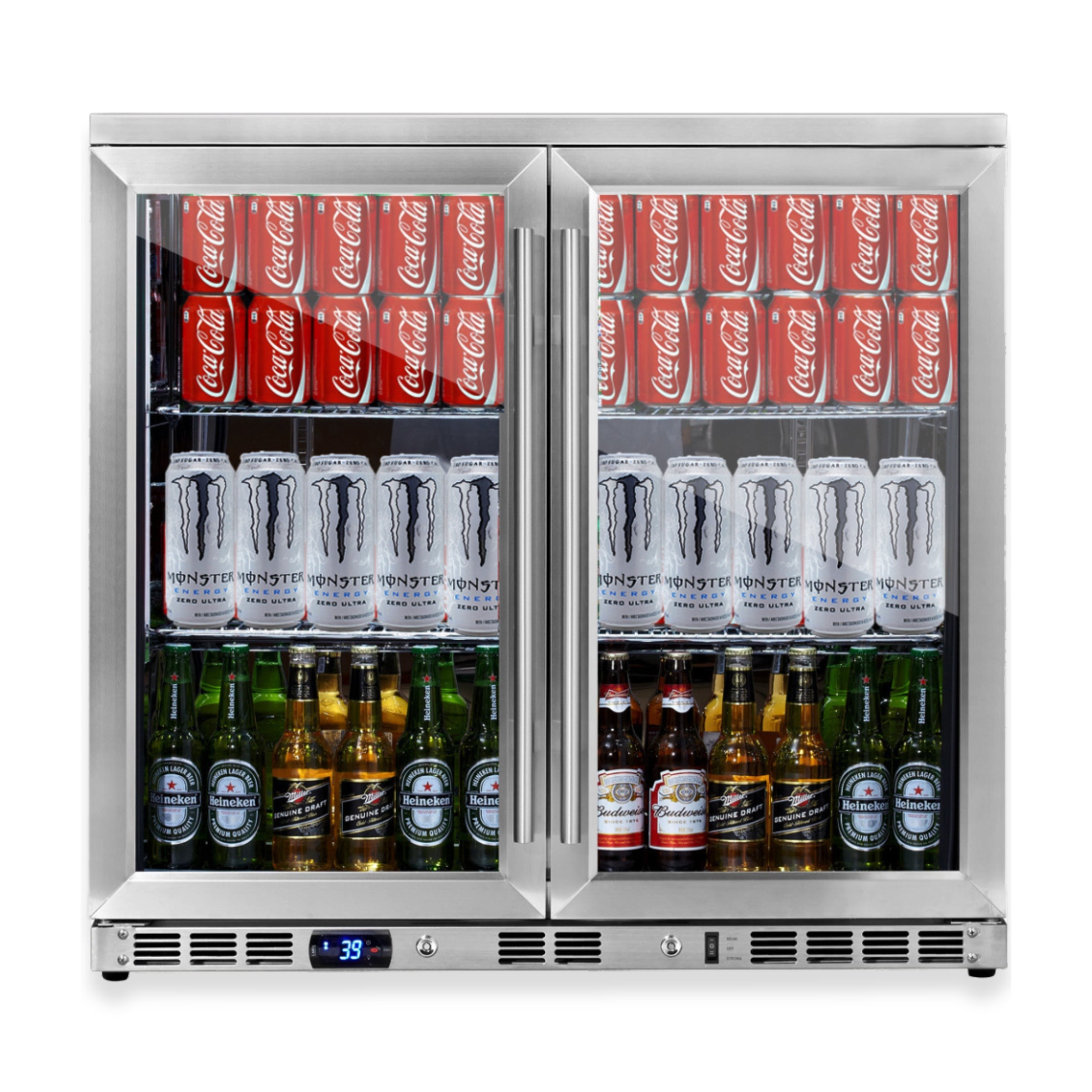 2-Door Full Stainless Under Bench Beverage Fridge Heating Glass