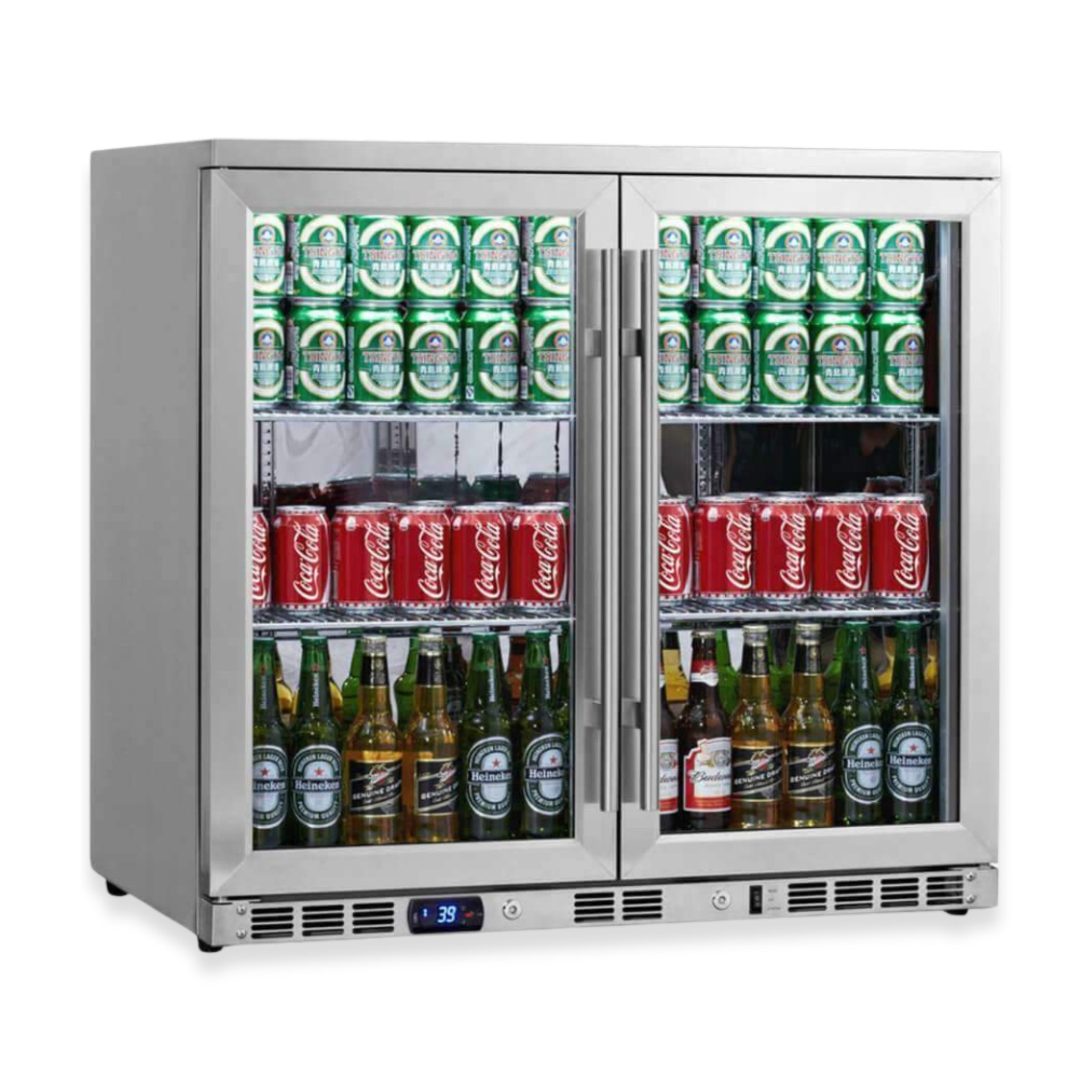 2-Door Full Stainless Under Bench Beverage Fridge Heating Glass