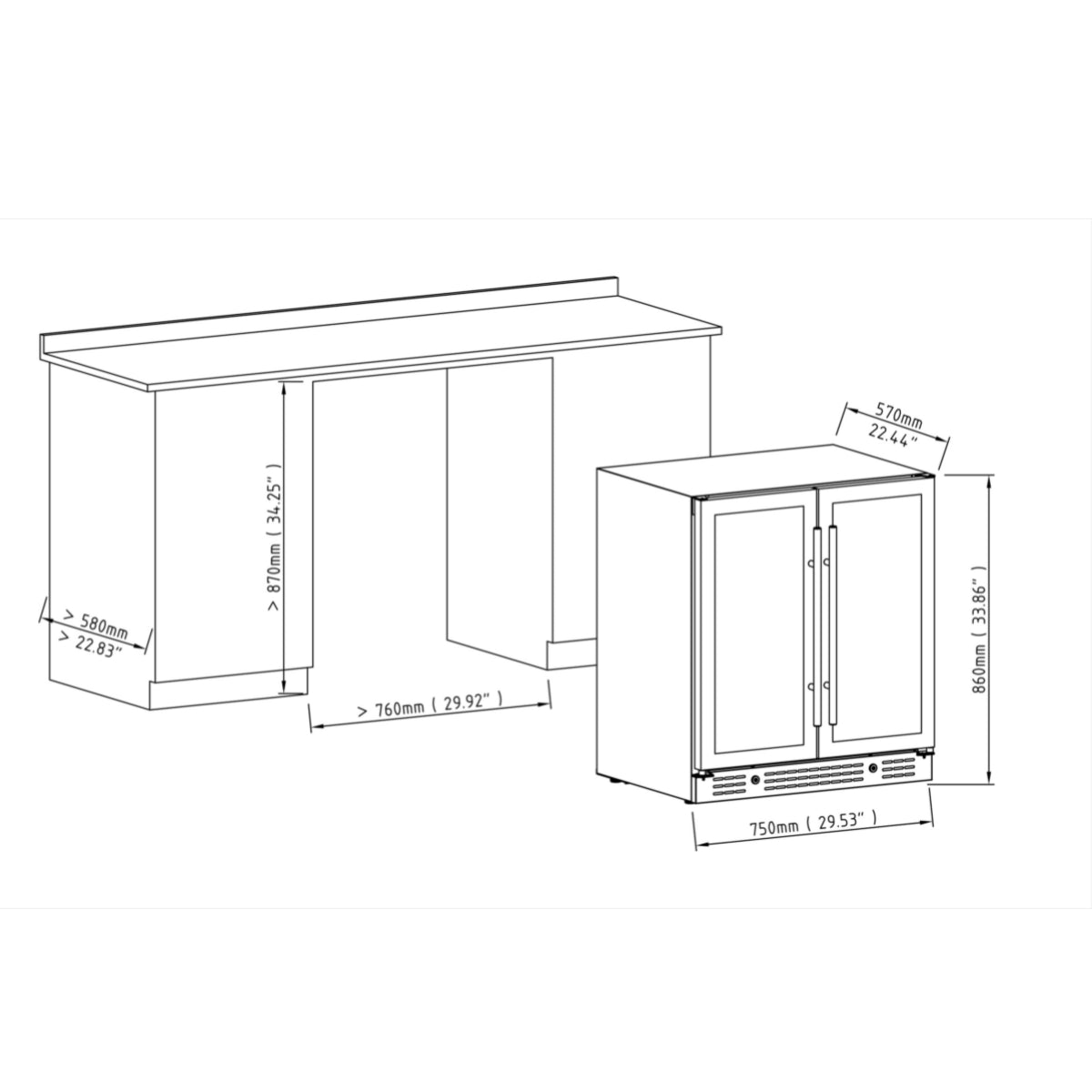 750mm Wide Under bench Low-E Glass Door Wine and Beer Fridge Combo