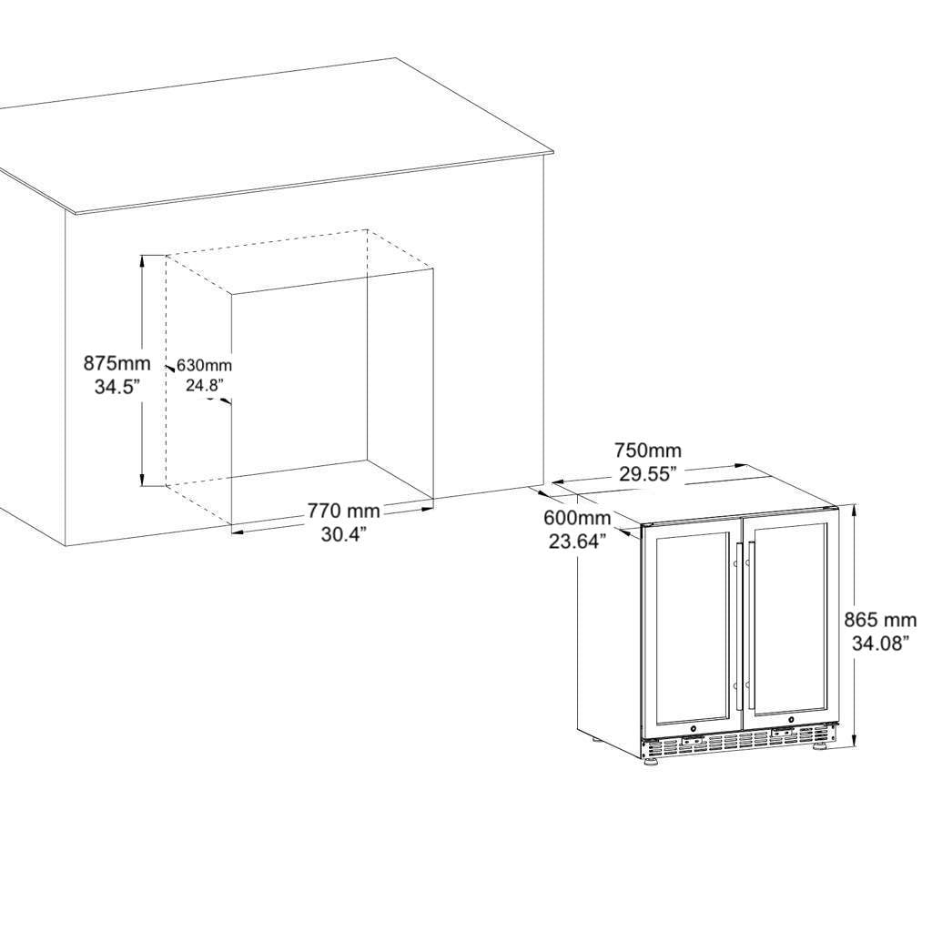 750mm Wide Underbench Low-E Glass Door Wine and Beer Fridge Combo