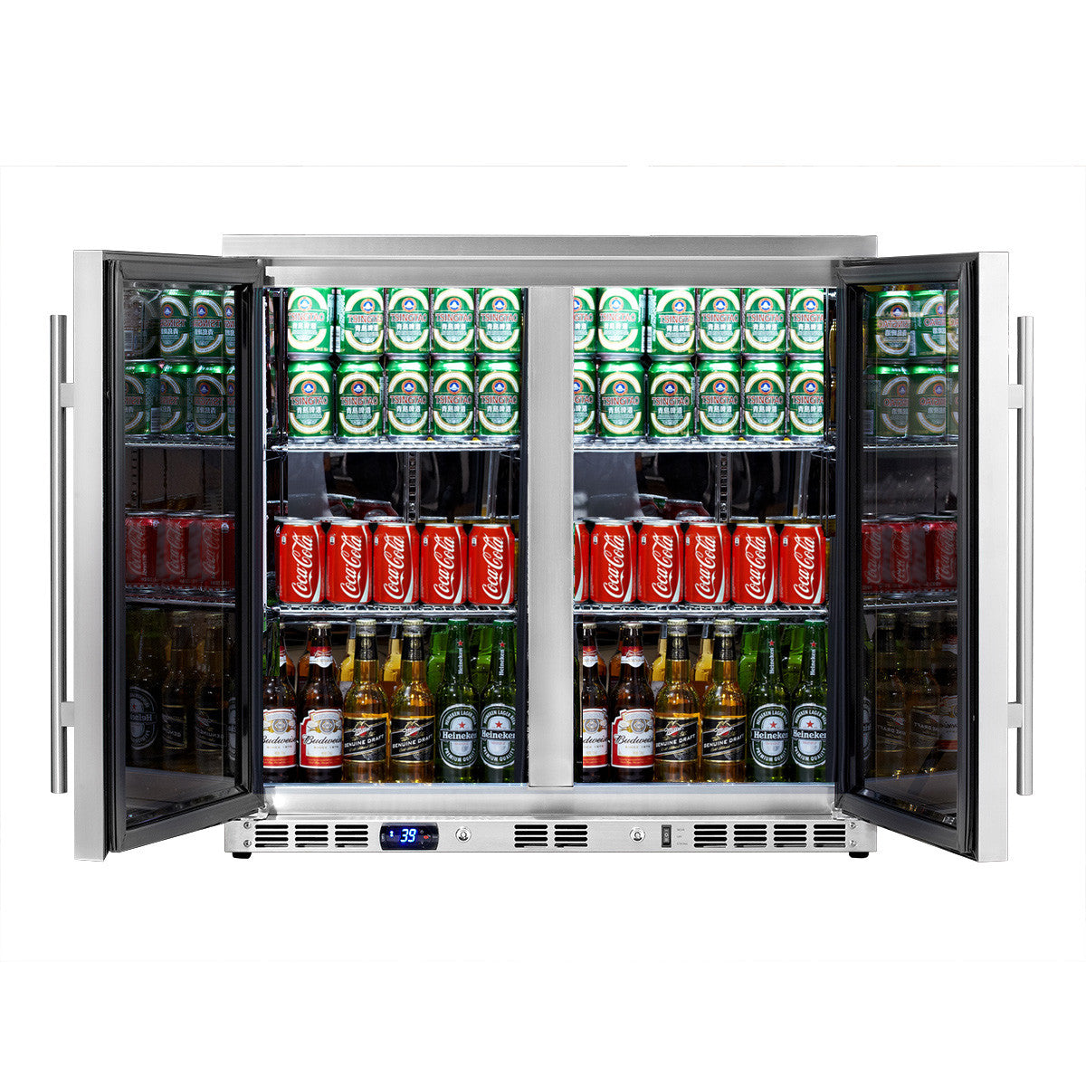 2-Door Full Stainless Under Bench Beverage Fridge Heating Glass