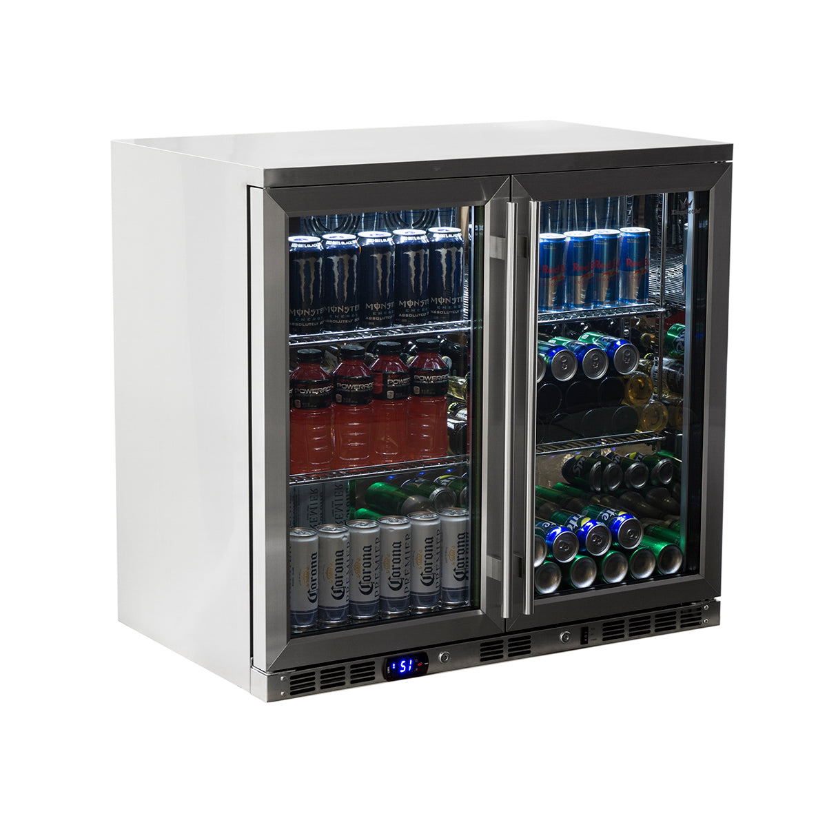 2-Door Full Stainless Under Bench Beverage Fridge Heating Glass