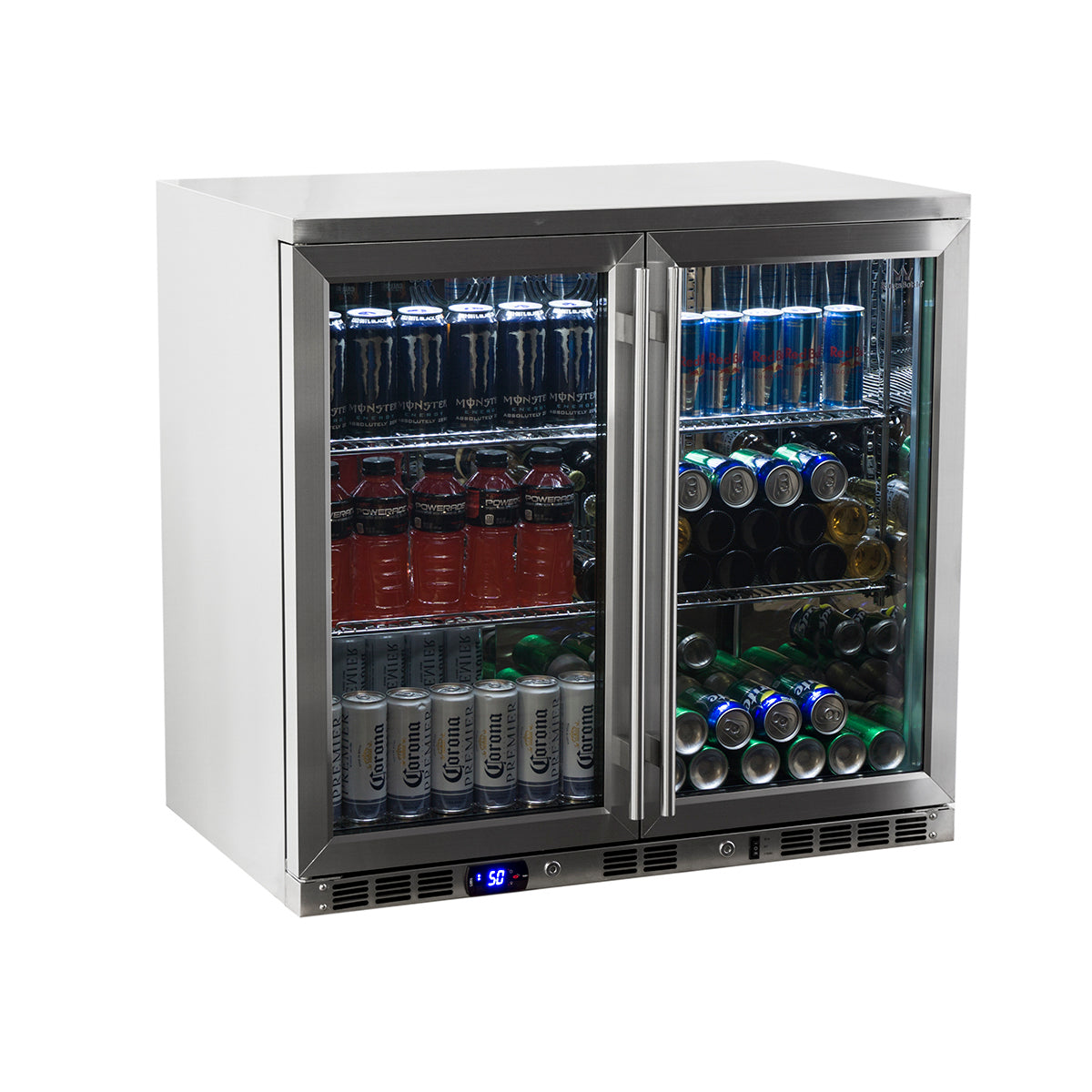 2-Door Full Stainless Under Bench Beverage Fridge Heating Glass