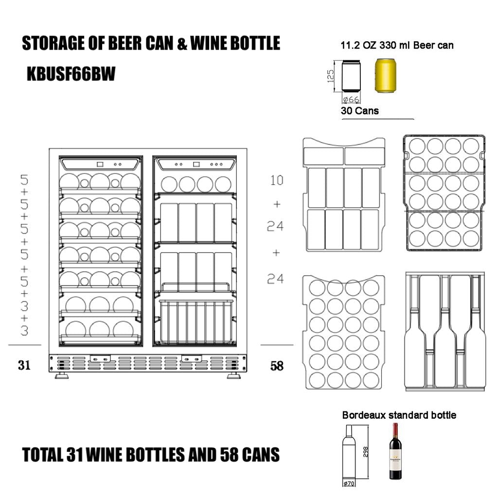 750mm Wide Underbench Low-E Glass Door Wine and Beer Fridge Combo