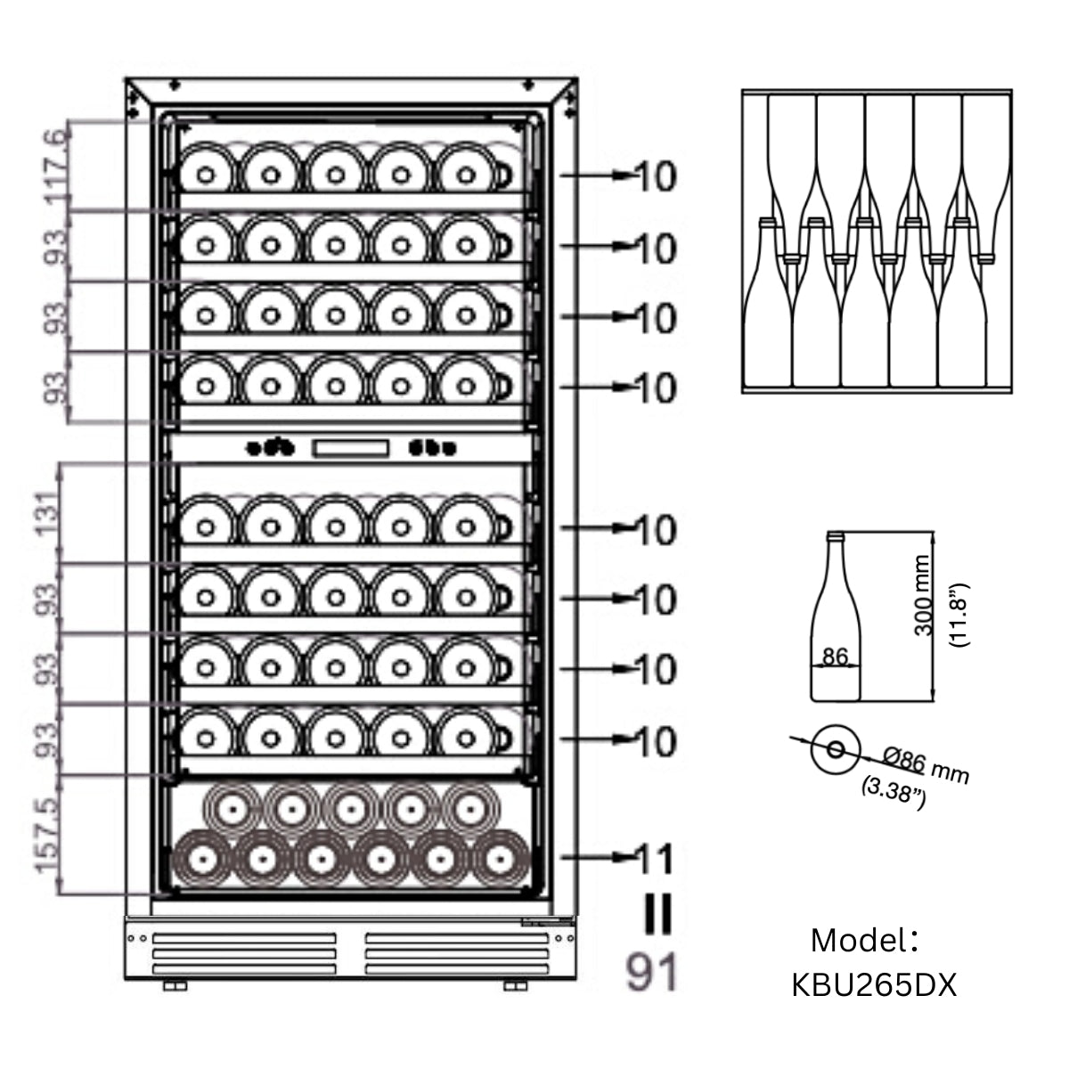 1200mm High Upright Wine and Beverage Refrigerator Combo with 3 Separate Temperature Zones