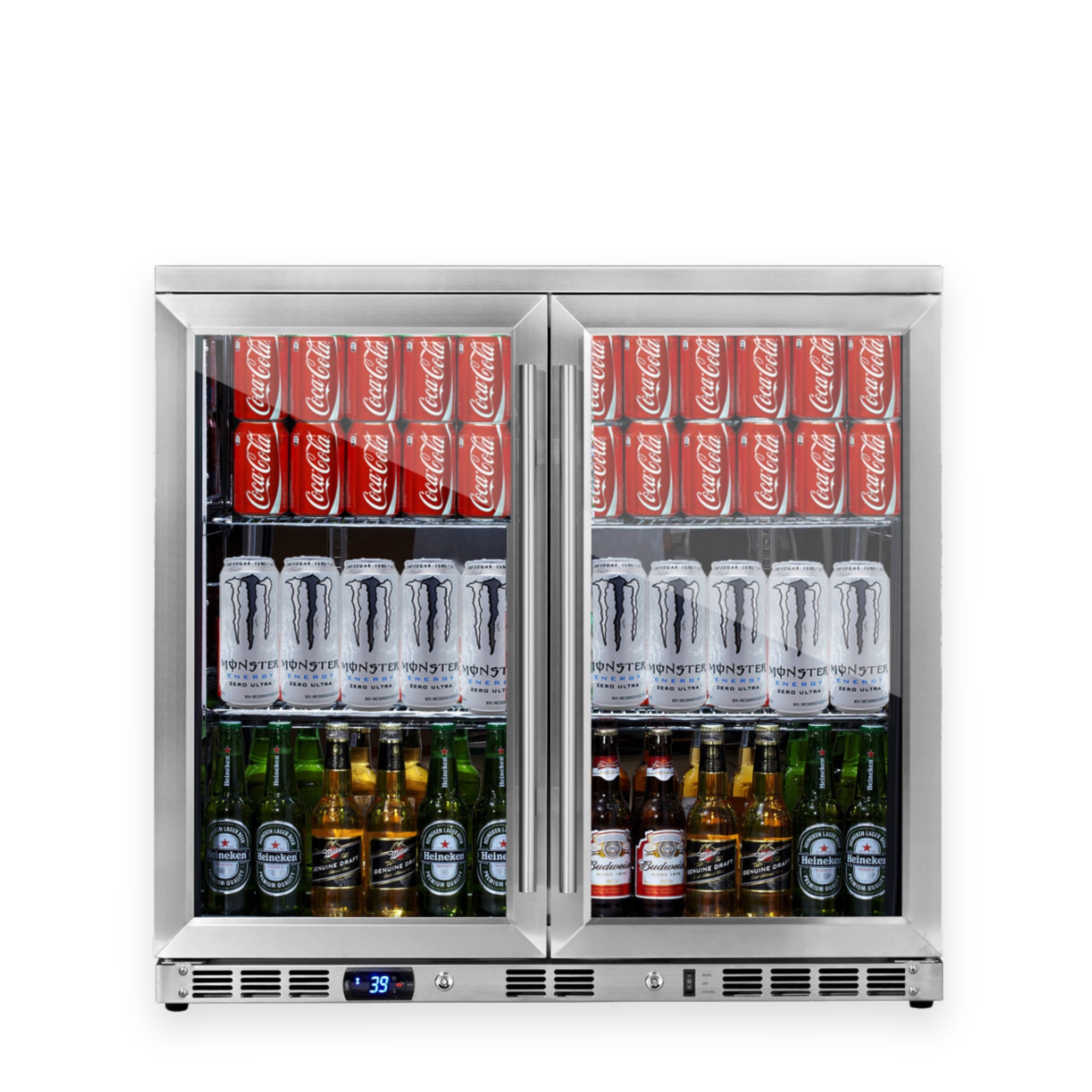 2-Door Full Stainless Under Bench Beverage Fridge Heating Glass